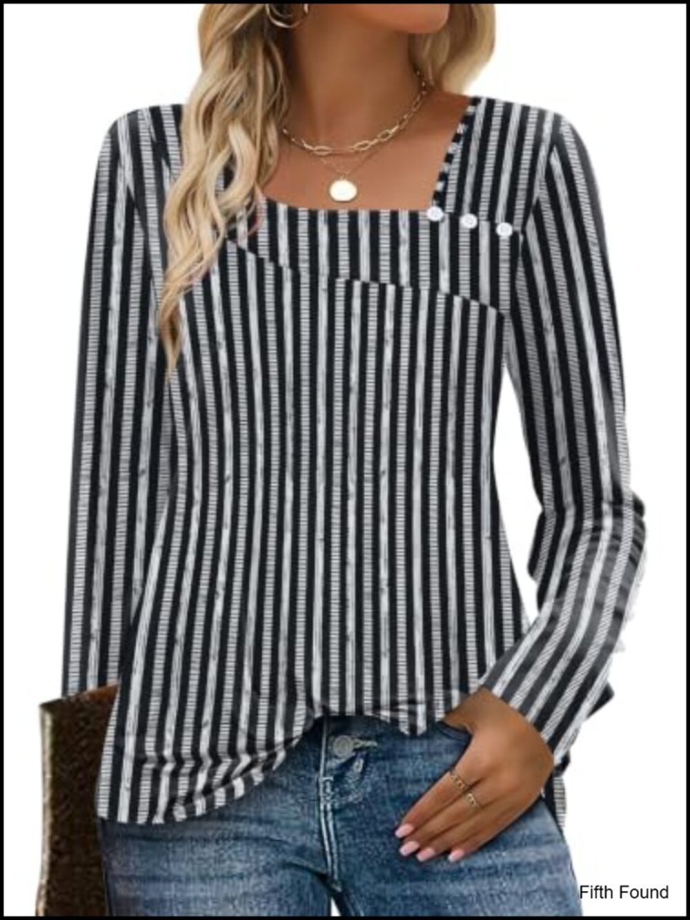 Women's Long Sleeve Square Neck Tunic Top with Decorative Buttons